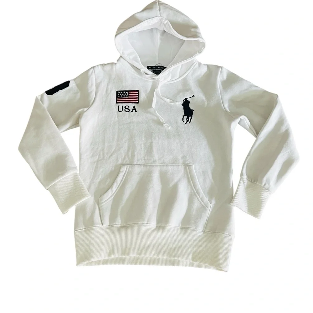 POLO RALPH LAUREN White Hoodie with USA and Polo Logo Boys Size Medium NWT